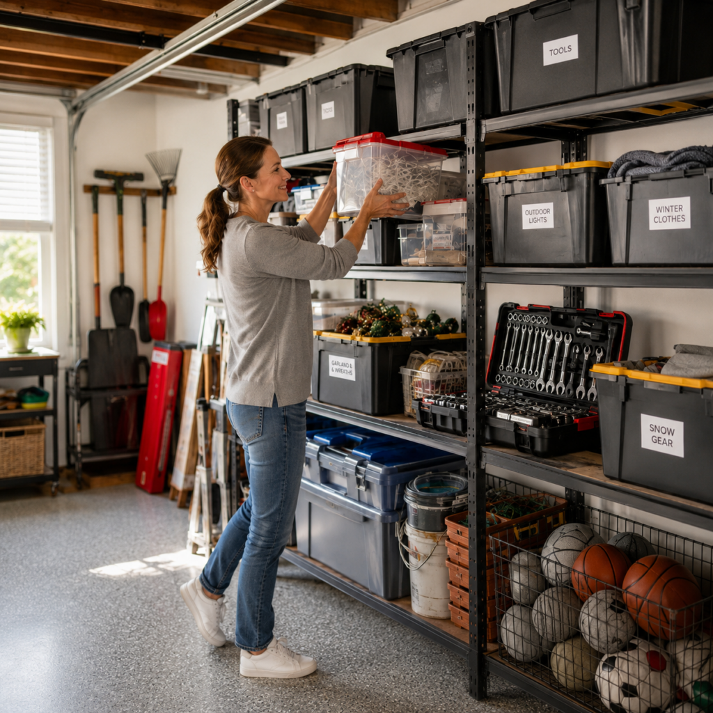 storage with labeled bins storage
